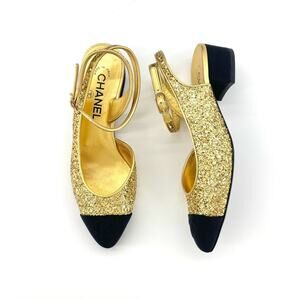 Chanel CC Logo Glitter and Grosgrain Cap Toe Slingback Platform Heel Pumps 37